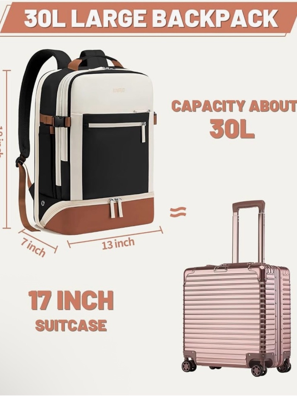 Camel, Black & White Personal Luggage Backpack with shoe compartment